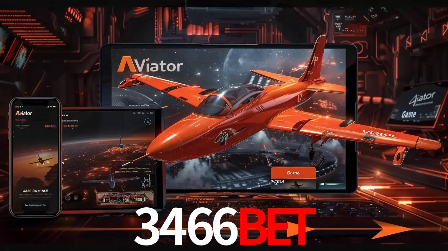 Apresentação tecnológica do jogo Aviator com um avião saindo da tela de um tablet, demonstrando a experiência imersiva em múltiplos dispositivos no 3466BET.