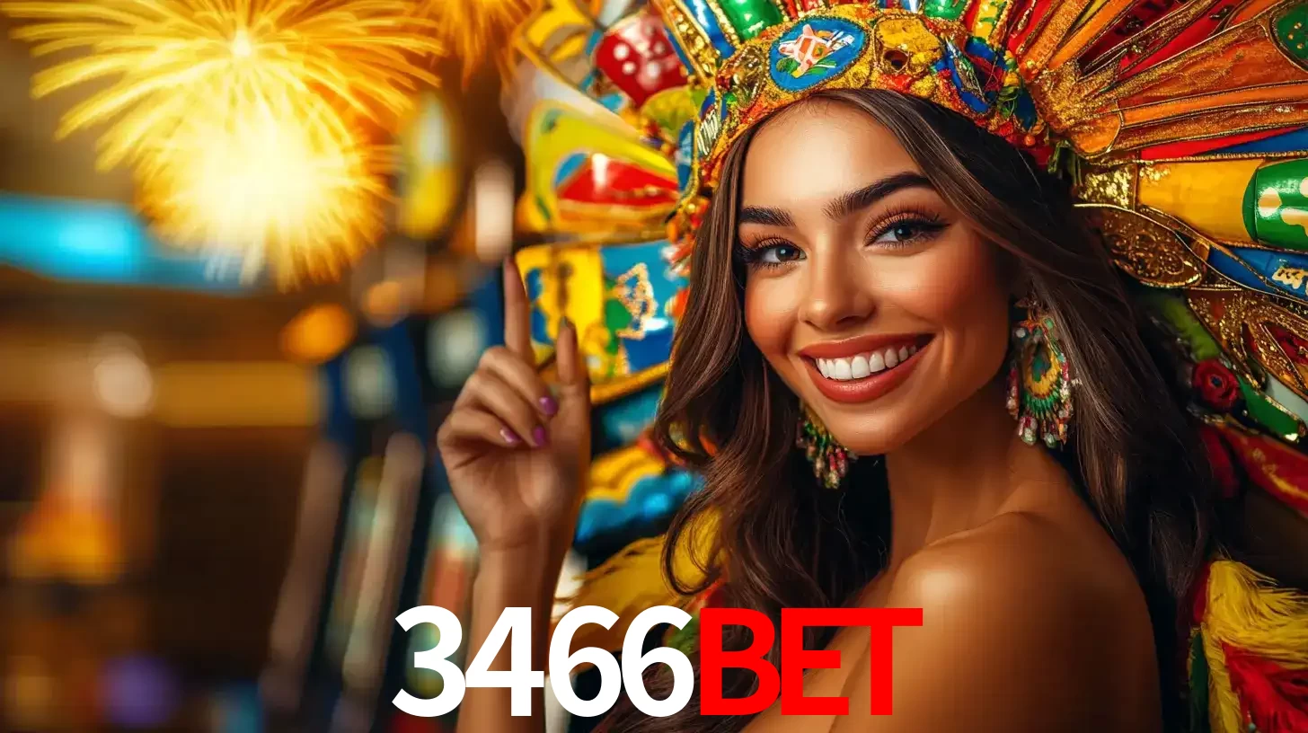Mulher sorridente com um cocar de carnaval vibrante e colorido, celebrando uma grande vitória nos jogos do cassino 3466BET com fogos de artifício ao fundo.