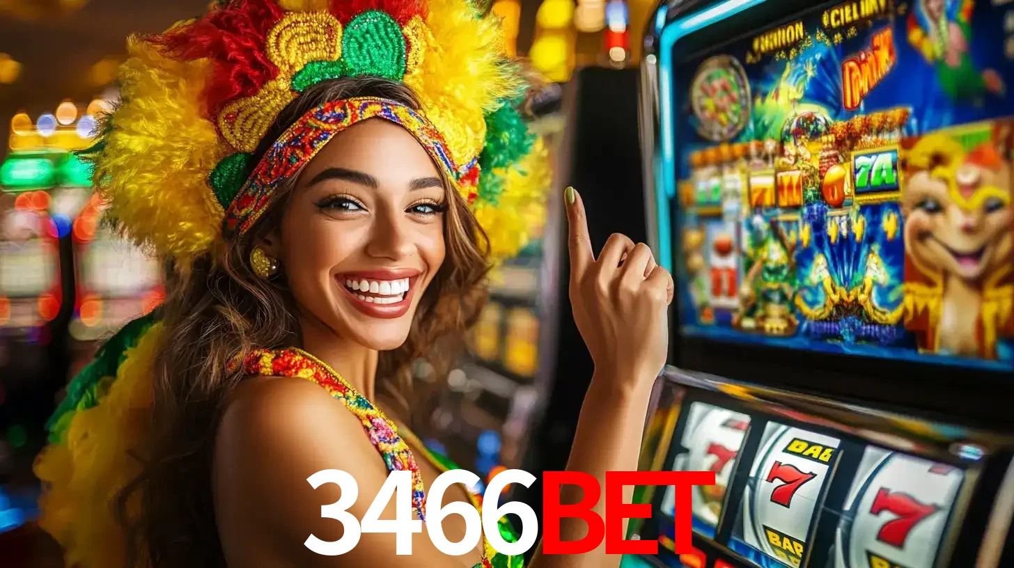 Mulher animada com um cocar de carnaval apontando para uma máquina de caça-níqueis, mostrando a emoção de ganhar um grande prêmio nos jogos do 3466BET.