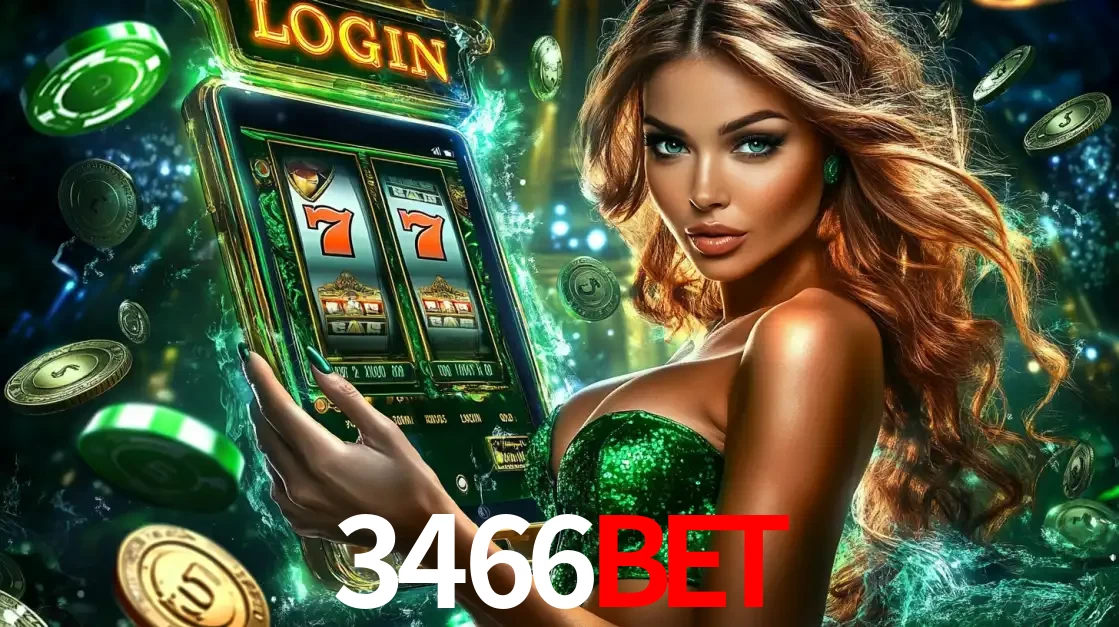 Mulher com tema verde apresentando o aplicativo do cassino 3466BET com um jogo de slot de 777, cercada por fichas de cassino e uma aura de sorte.