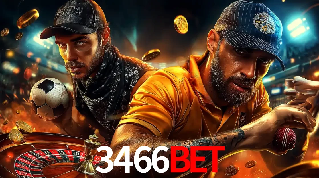 Montagem de apostas esportivas e cassino no 3466BET, com um homem segurando uma bola de futebol e outro uma de beisebol sobre uma roleta e moedas voadoras.