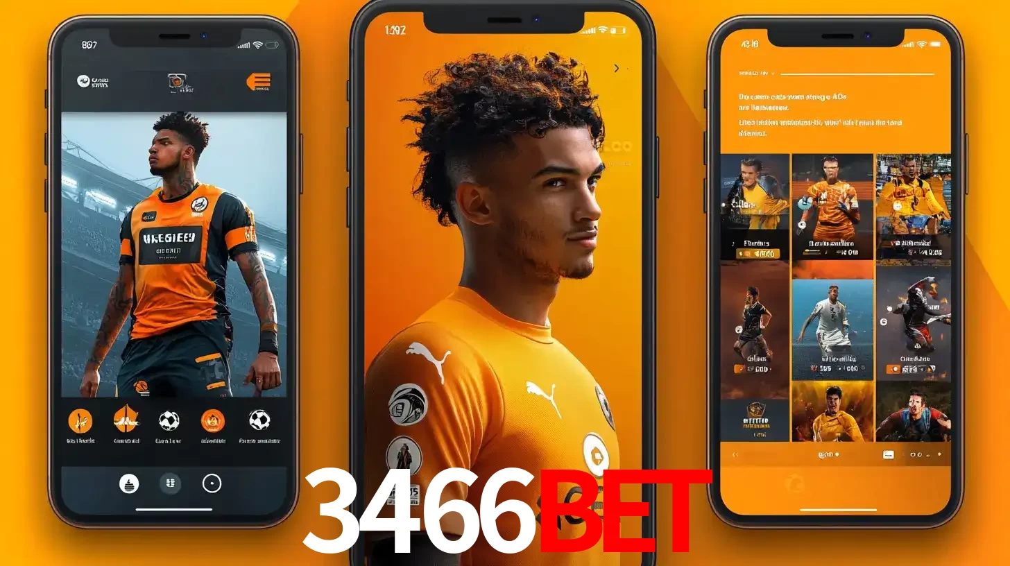 Interface do aplicativo de apostas esportivas 3466BET em três telas de celular, mostrando o perfil de um jogador de futebol e a lista de jogos disponíveis para apostar.