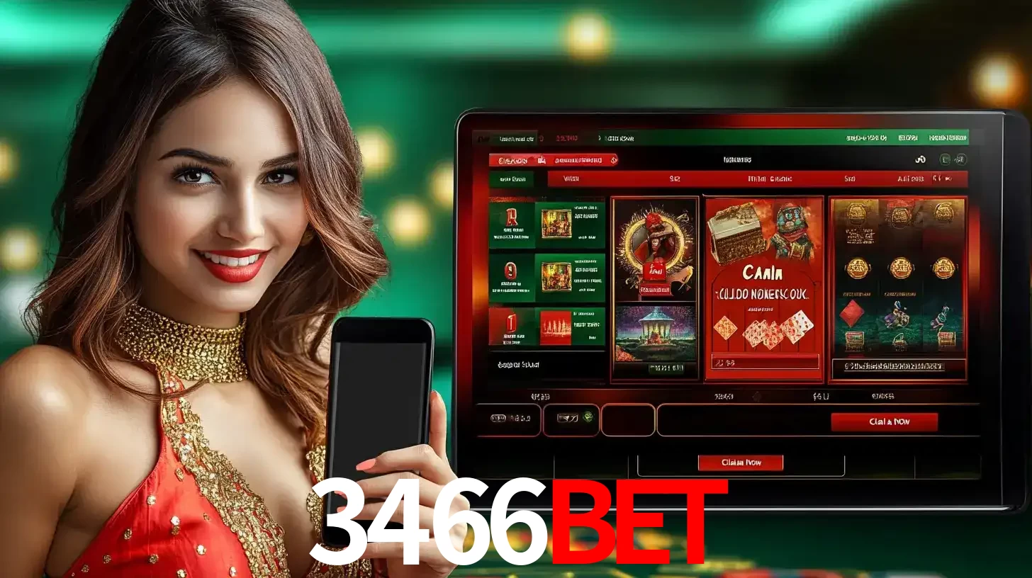 Mulher sorridente segurando um smartphone, ao lado de uma tela exibindo o lobby de jogos do cassino online 3466BET, com várias opções de jogos de cartas e slots.